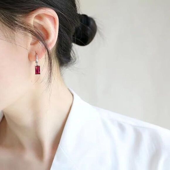 Hot Pink Huggie Hoop Earrings Gold Dangle Rectangle Emerald Earring, Gold Huggie - Picture 2 of 3